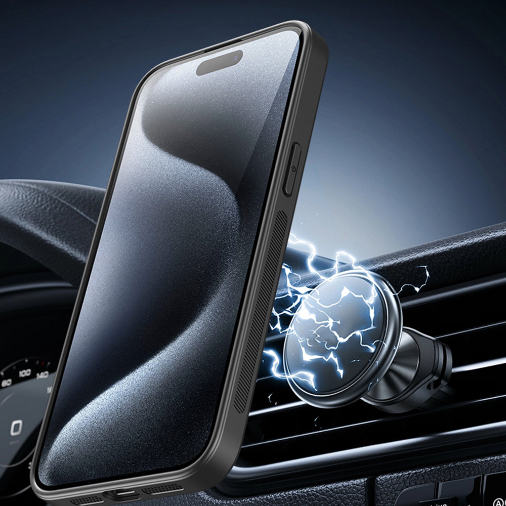 For iPhone 15 Pro Max Magnetic Case Metal Lens Frame Kickstand PC+TPU Phone Cover with Lens Film