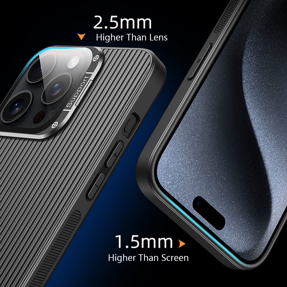For iPhone 15 Pro Max Magnetic Case Metal Lens Frame Kickstand PC+TPU Phone Cover with Lens Film
