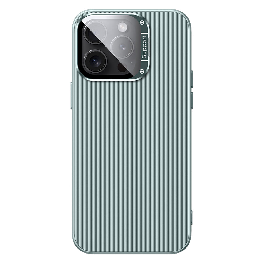 For iPhone 15 Pro Max Magnetic Case Metal Lens Frame Kickstand PC+TPU Phone Cover with Lens Film