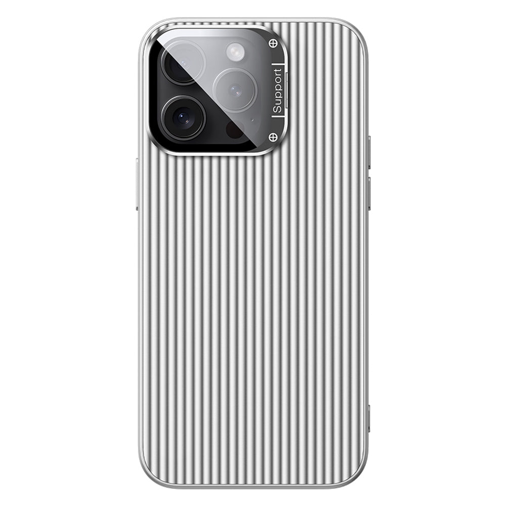 For iPhone 15 Pro Max Magnetic Case Metal Lens Frame Kickstand PC+TPU Phone Cover with Lens Film