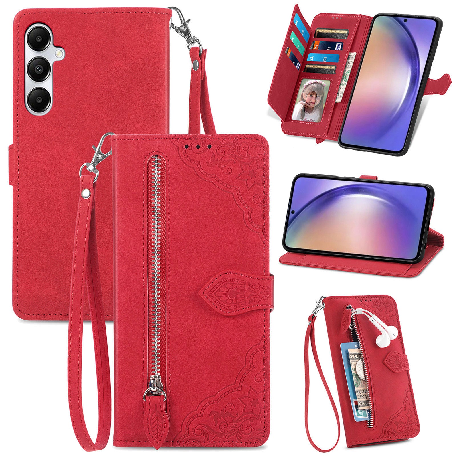 For Samsung Galaxy A35 5G Case PU Leather Stand Zipper Pocket Phone Cover with Wrist Strap
