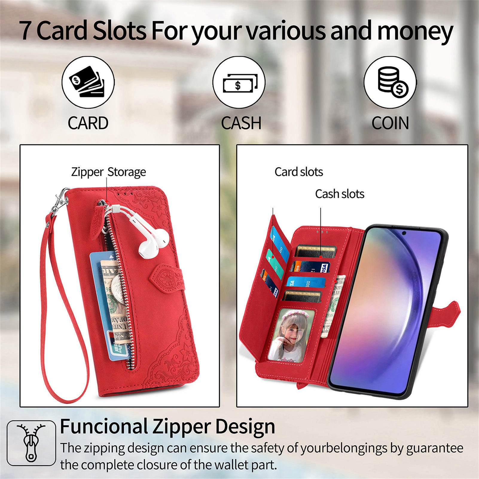 For Samsung Galaxy A35 5G Case PU Leather Stand Zipper Pocket Phone Cover with Wrist Strap