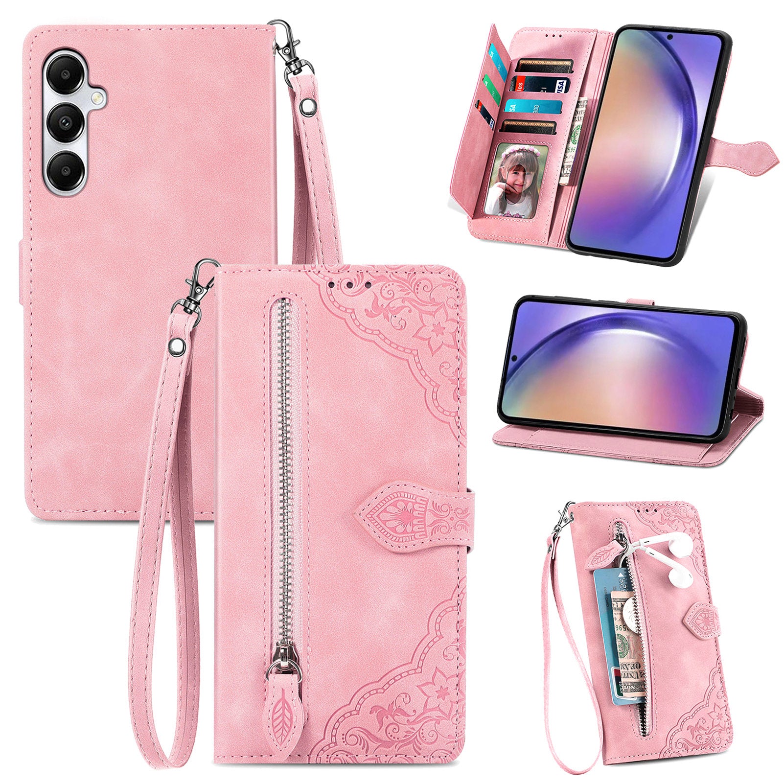 For Samsung Galaxy A35 5G Case PU Leather Stand Zipper Pocket Phone Cover with Wrist Strap
