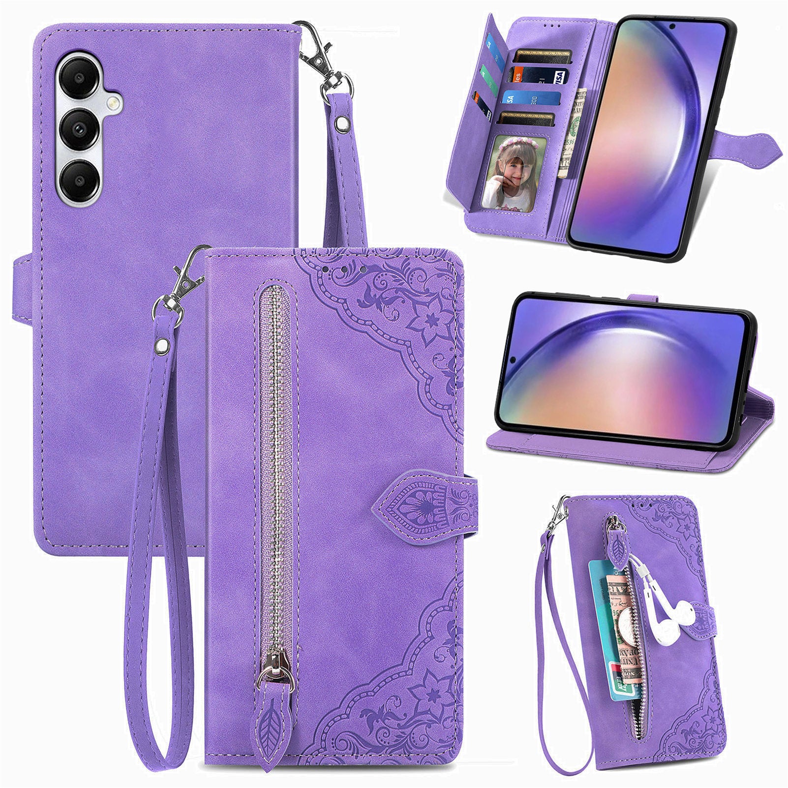 For Samsung Galaxy A35 5G Case PU Leather Stand Zipper Pocket Phone Cover with Wrist Strap