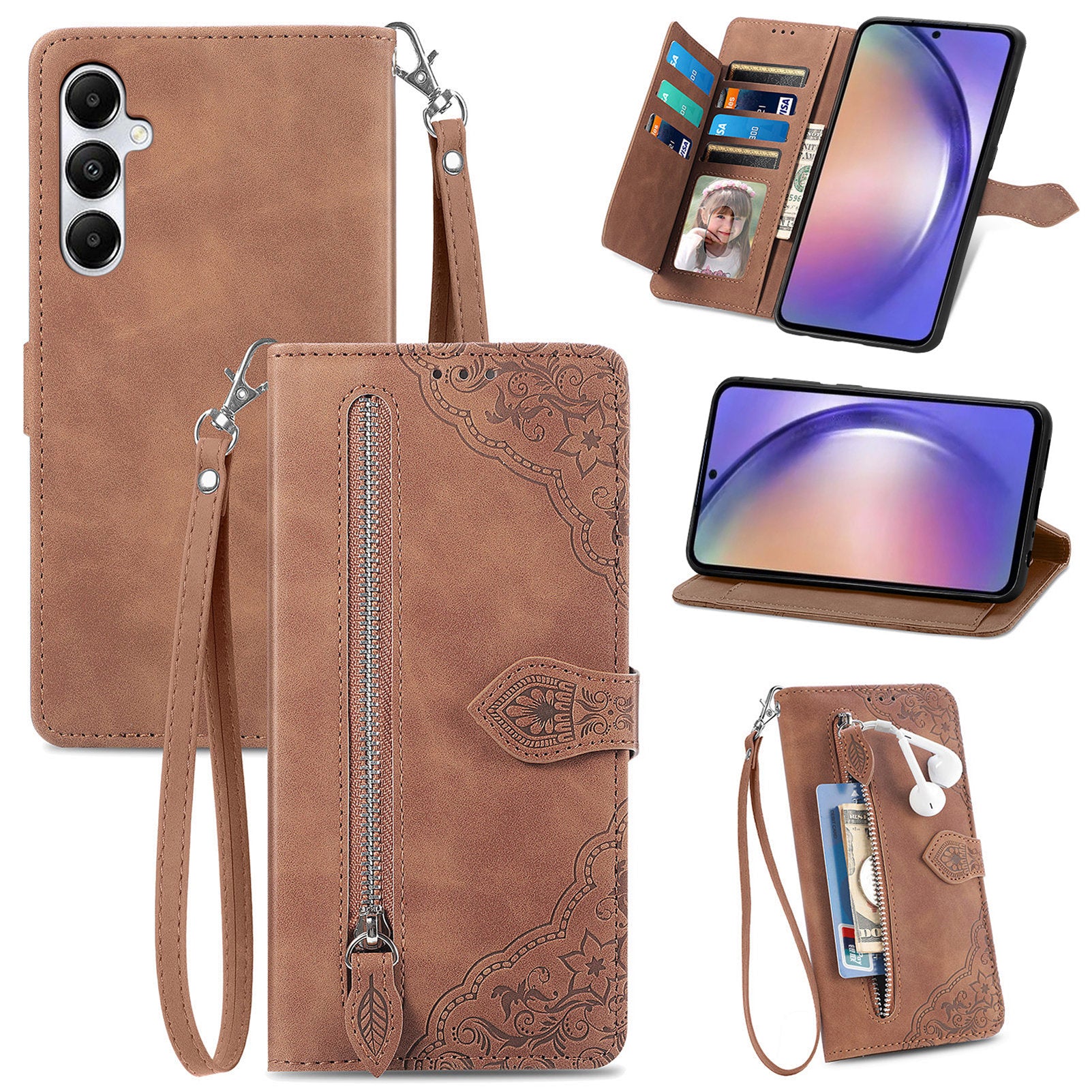 For Samsung Galaxy A35 5G Case PU Leather Stand Zipper Pocket Phone Cover with Wrist Strap