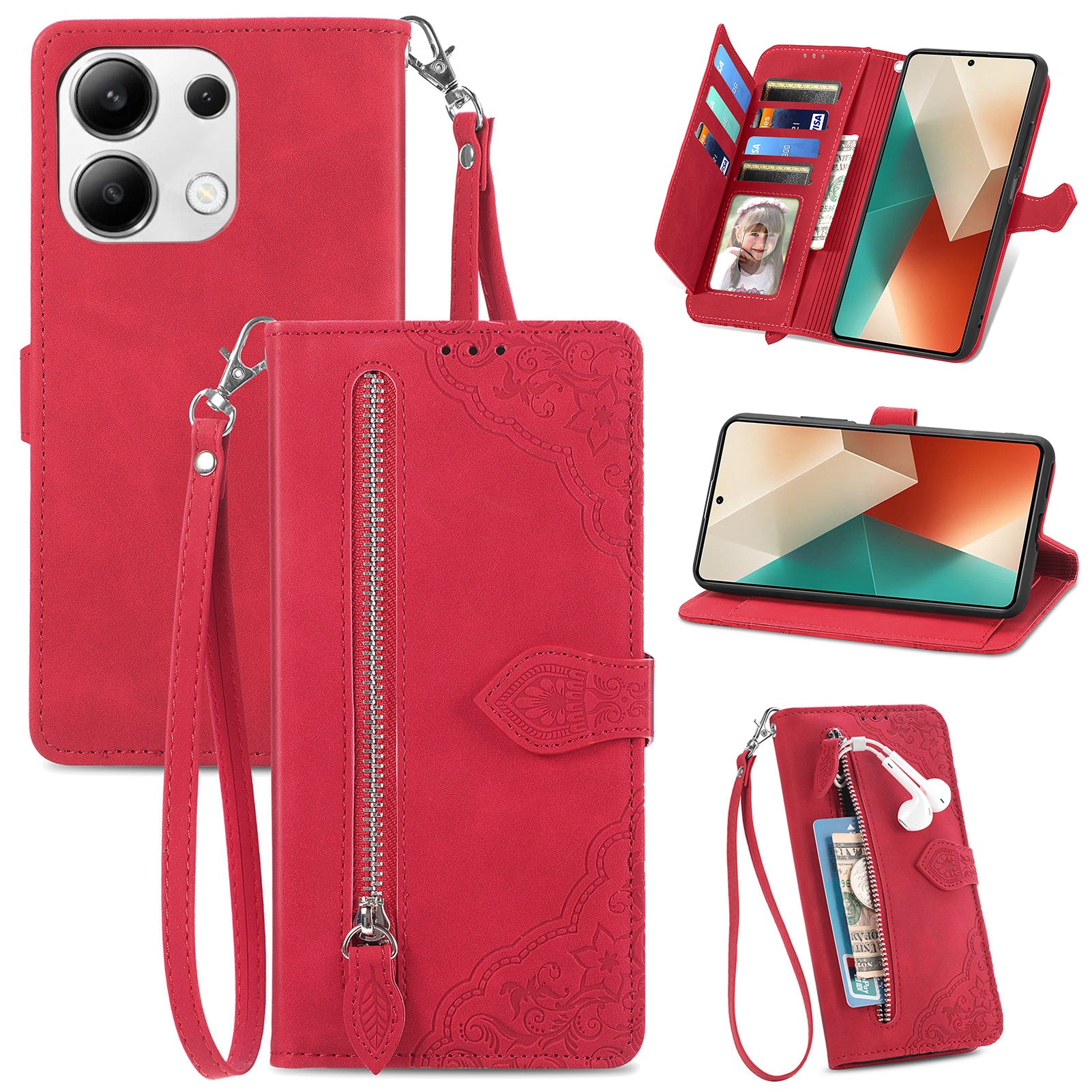 For Xiaomi Redmi Note 13 5G Leather Case Zipper Wallet Stand Flip Phone Cover