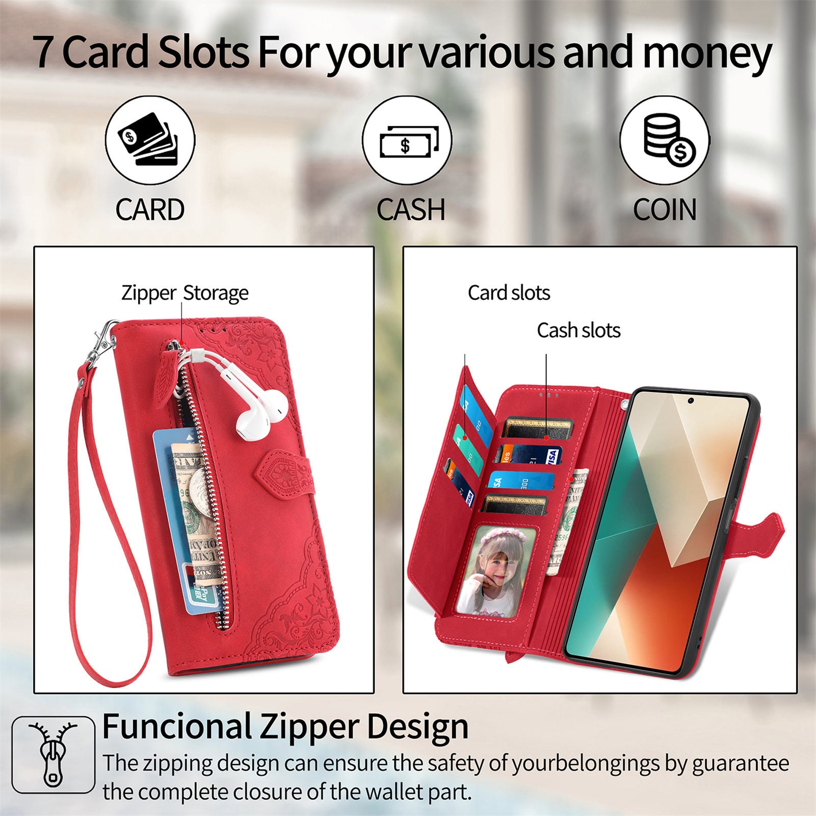 For Xiaomi Redmi Note 13 5G Leather Case Zipper Wallet Stand Flip Phone Cover