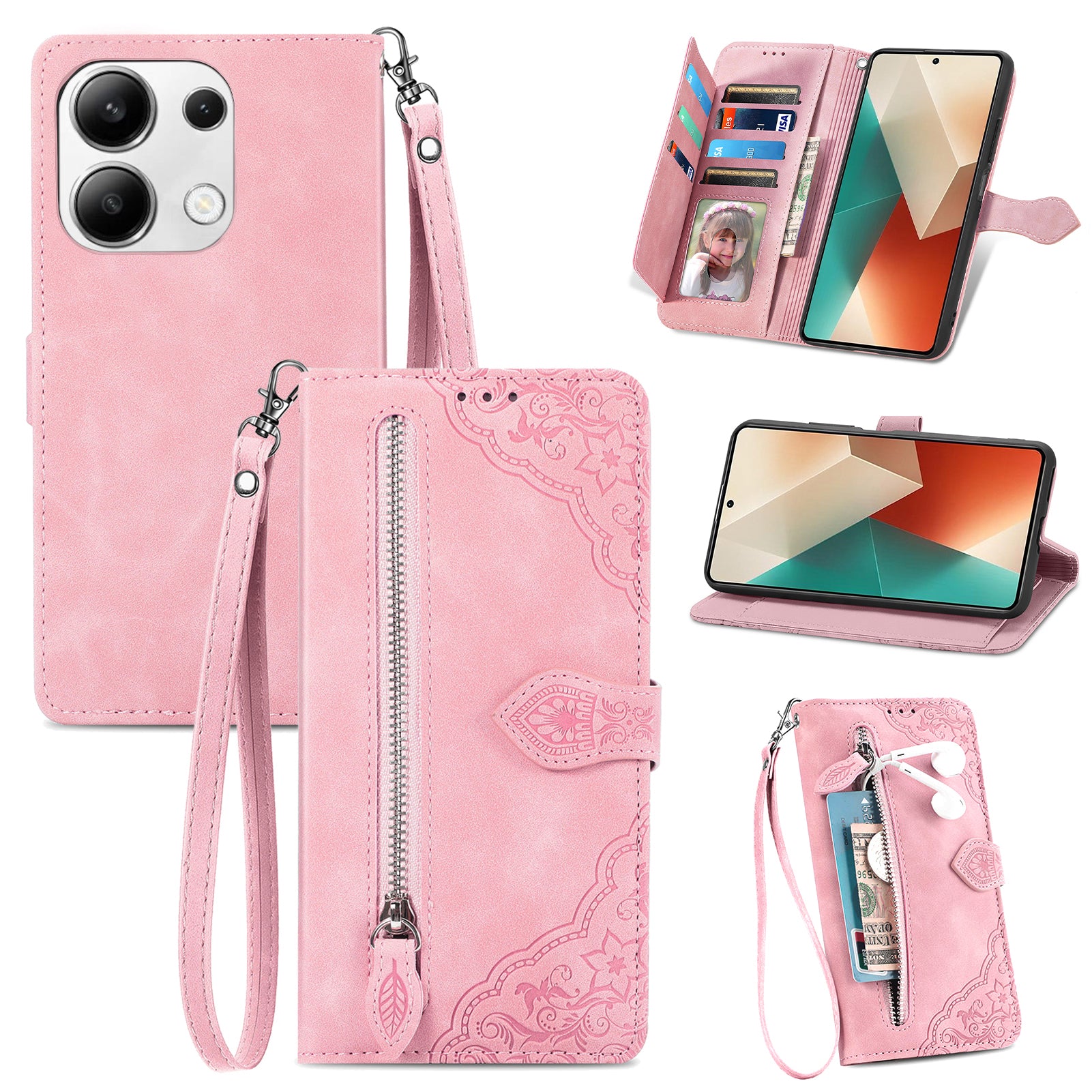 For Xiaomi Redmi Note 13 5G Leather Case Zipper Wallet Stand Flip Phone Cover