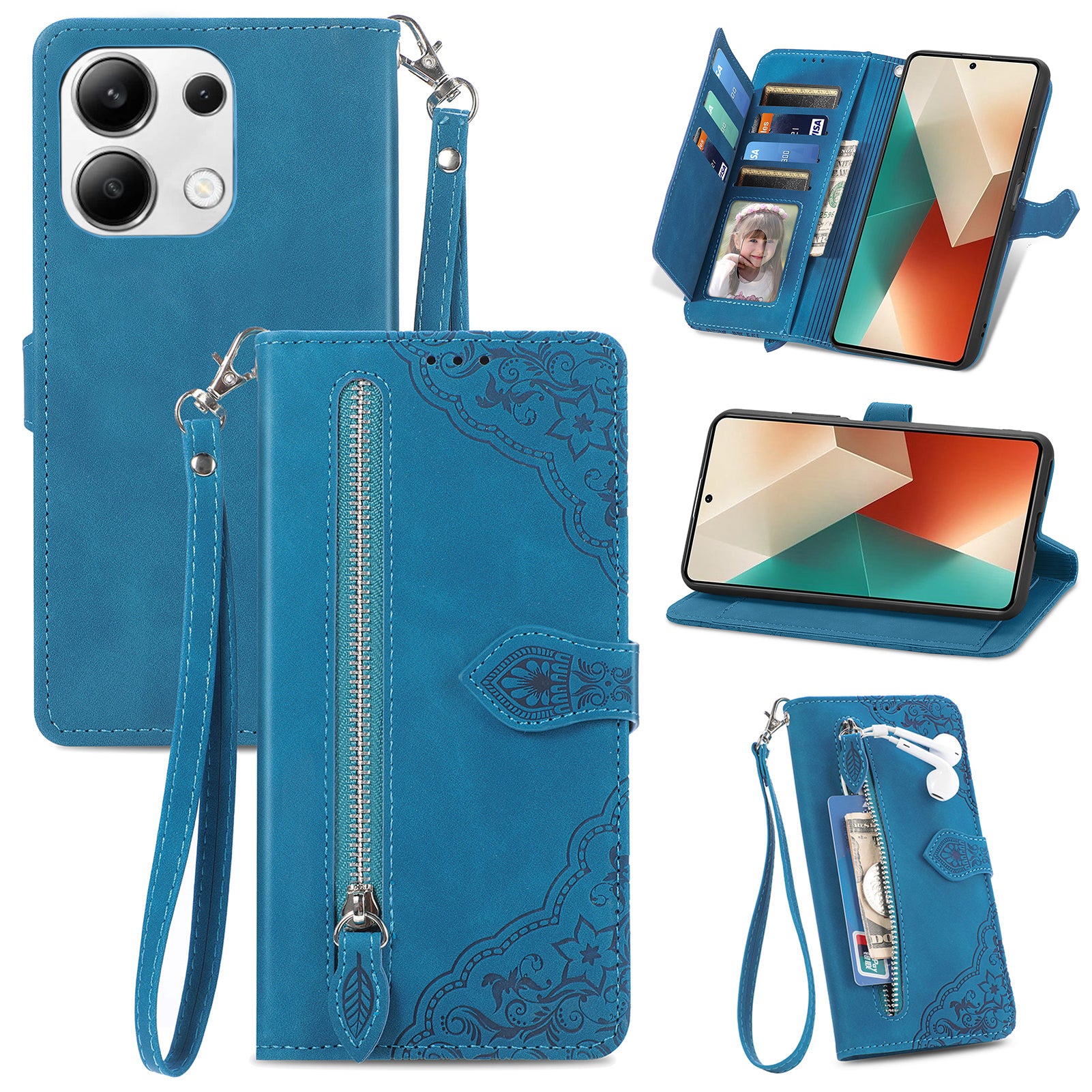 For Xiaomi Redmi Note 13 5G Leather Case Zipper Wallet Stand Flip Phone Cover