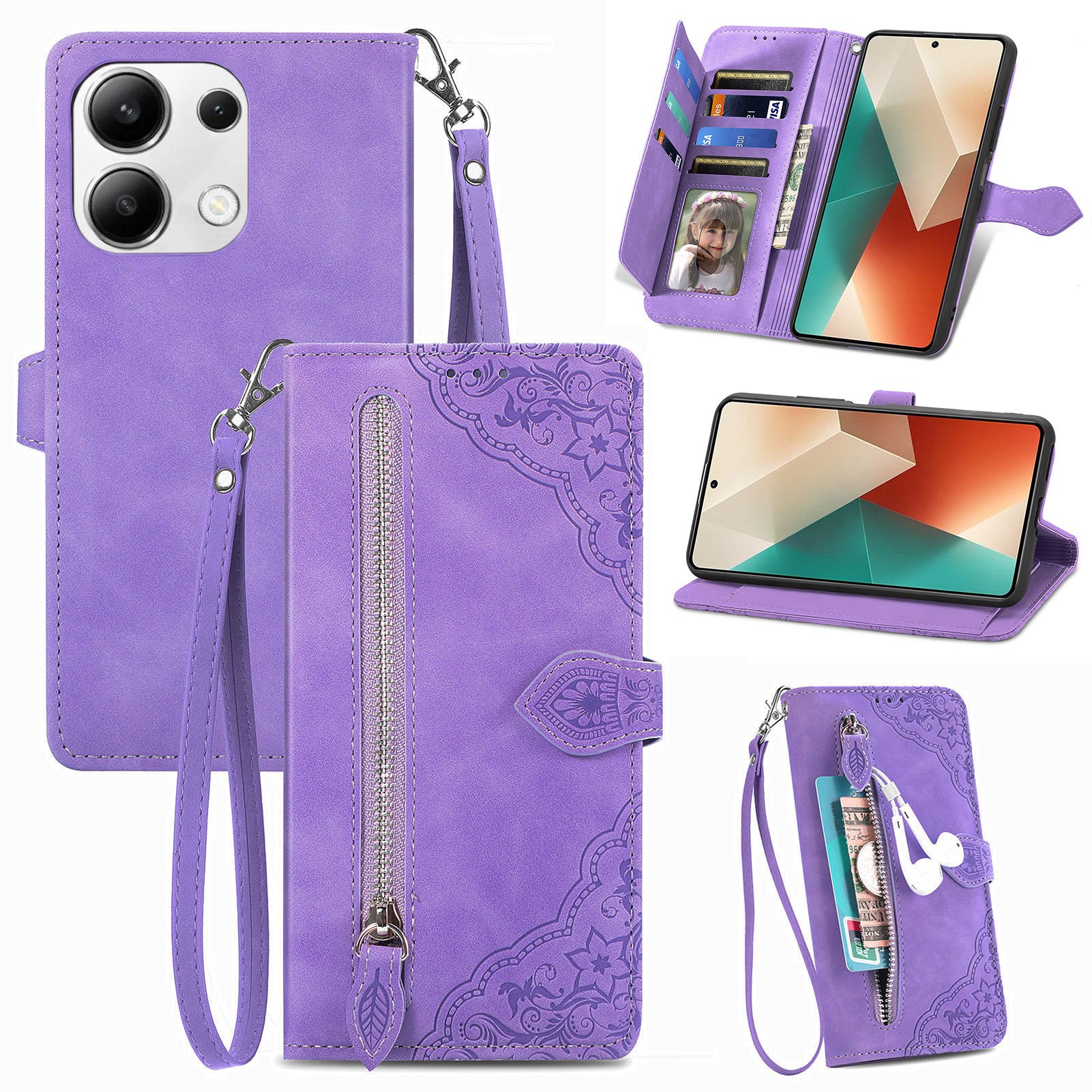 For Xiaomi Redmi Note 13 5G Leather Case Zipper Wallet Stand Flip Phone Cover