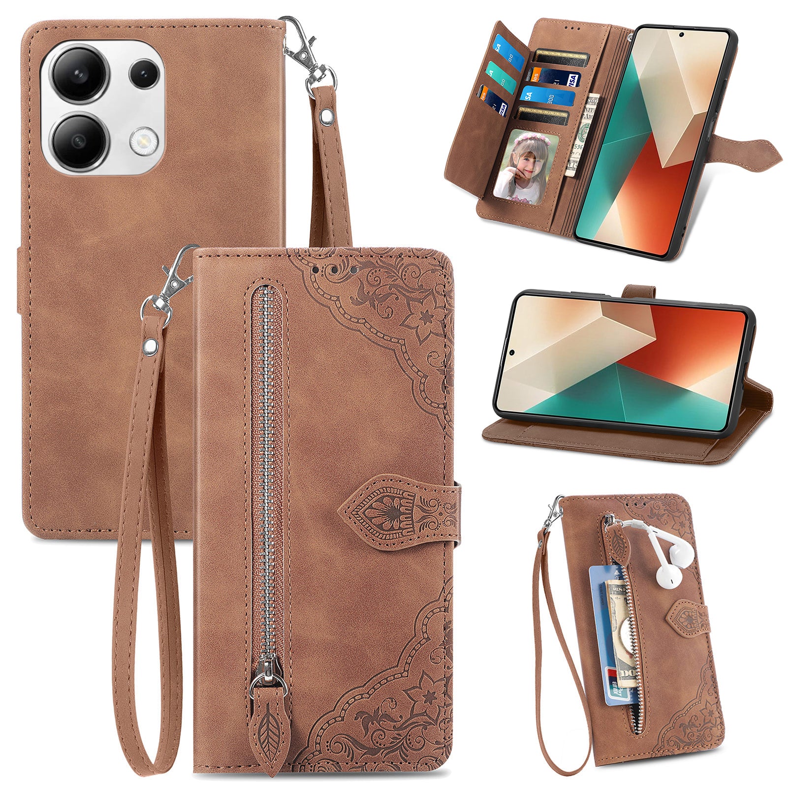 For Xiaomi Redmi Note 13 5G Leather Case Zipper Wallet Stand Flip Phone Cover