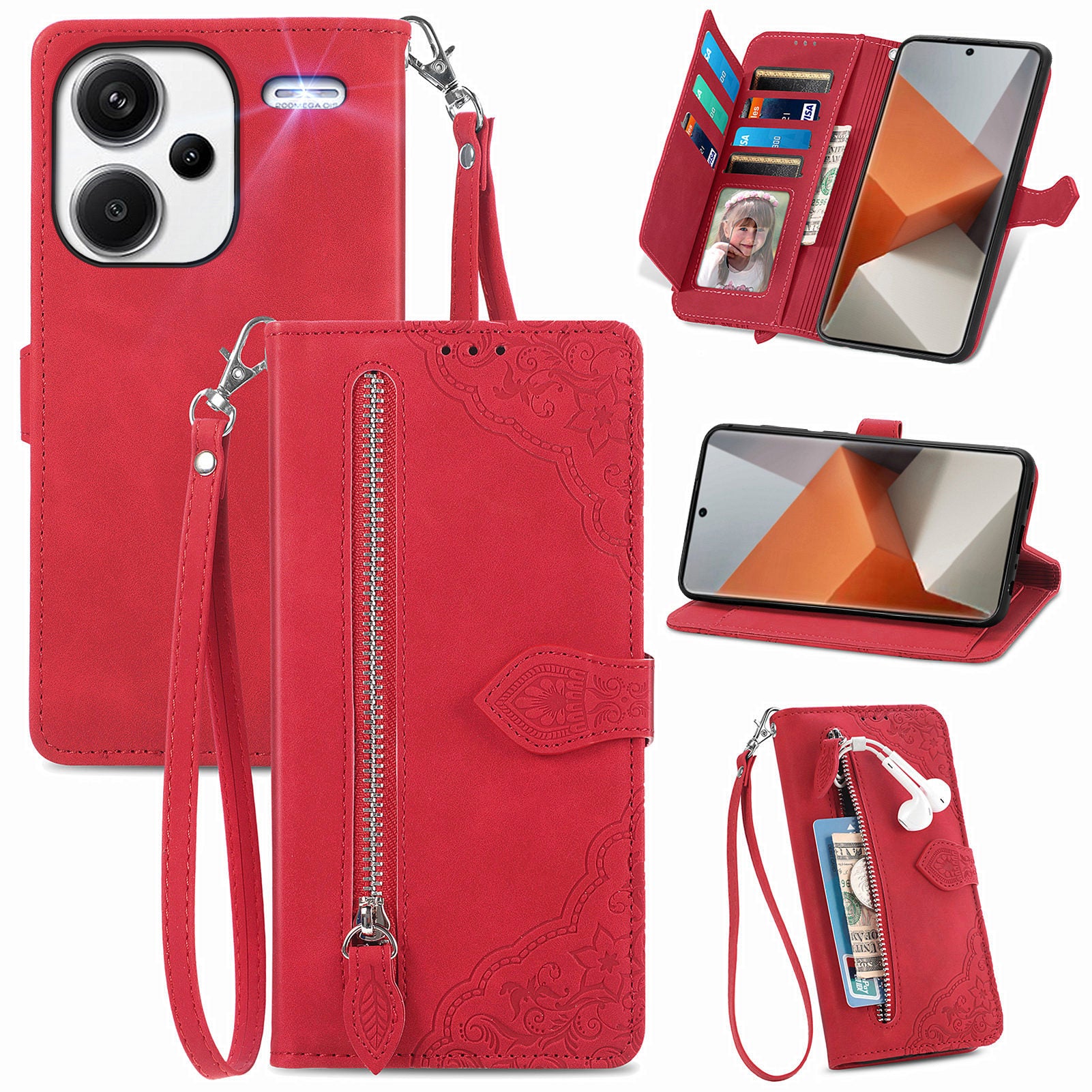 For Xiaomi Redmi Note 13 Pro+ 5G Case Flower Pattern Zipper Leather Phone Cover