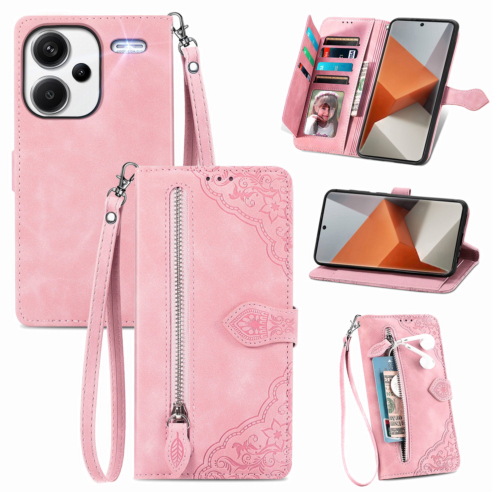 For Xiaomi Redmi Note 13 Pro+ 5G Case Flower Pattern Zipper Leather Phone Cover