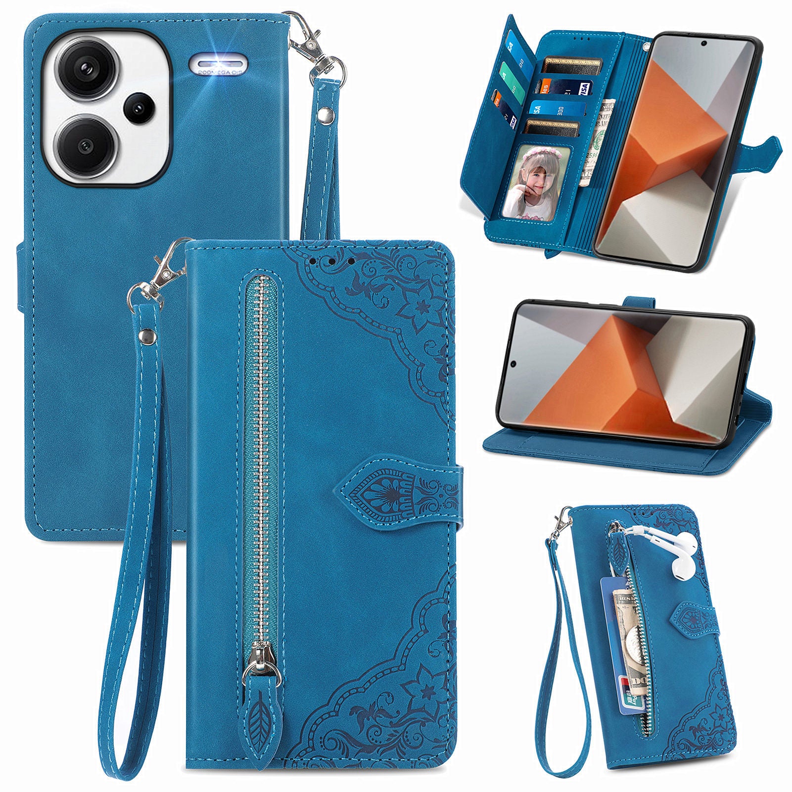 For Xiaomi Redmi Note 13 Pro+ 5G Case Flower Pattern Zipper Leather Phone Cover
