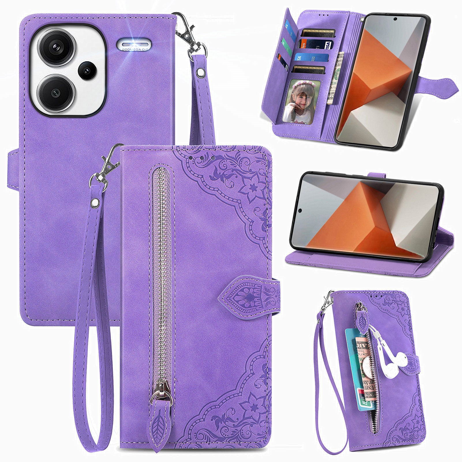 For Xiaomi Redmi Note 13 Pro+ 5G Case Flower Pattern Zipper Leather Phone Cover
