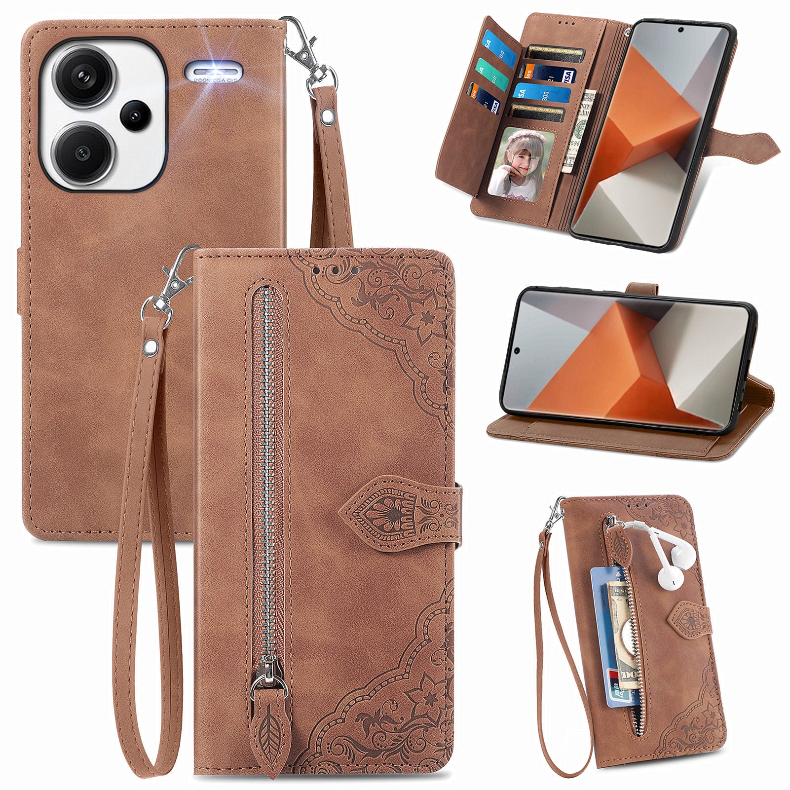 For Xiaomi Redmi Note 13 Pro+ 5G Case Flower Pattern Zipper Leather Phone Cover