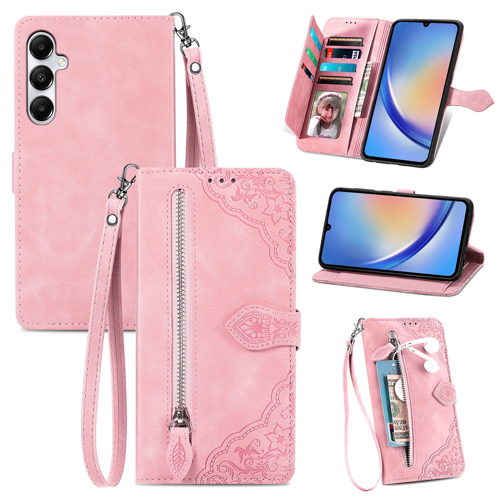 For Samsung Galaxy A55 5G Phone Case Flower Imprinted Protective Leather Flip Cover