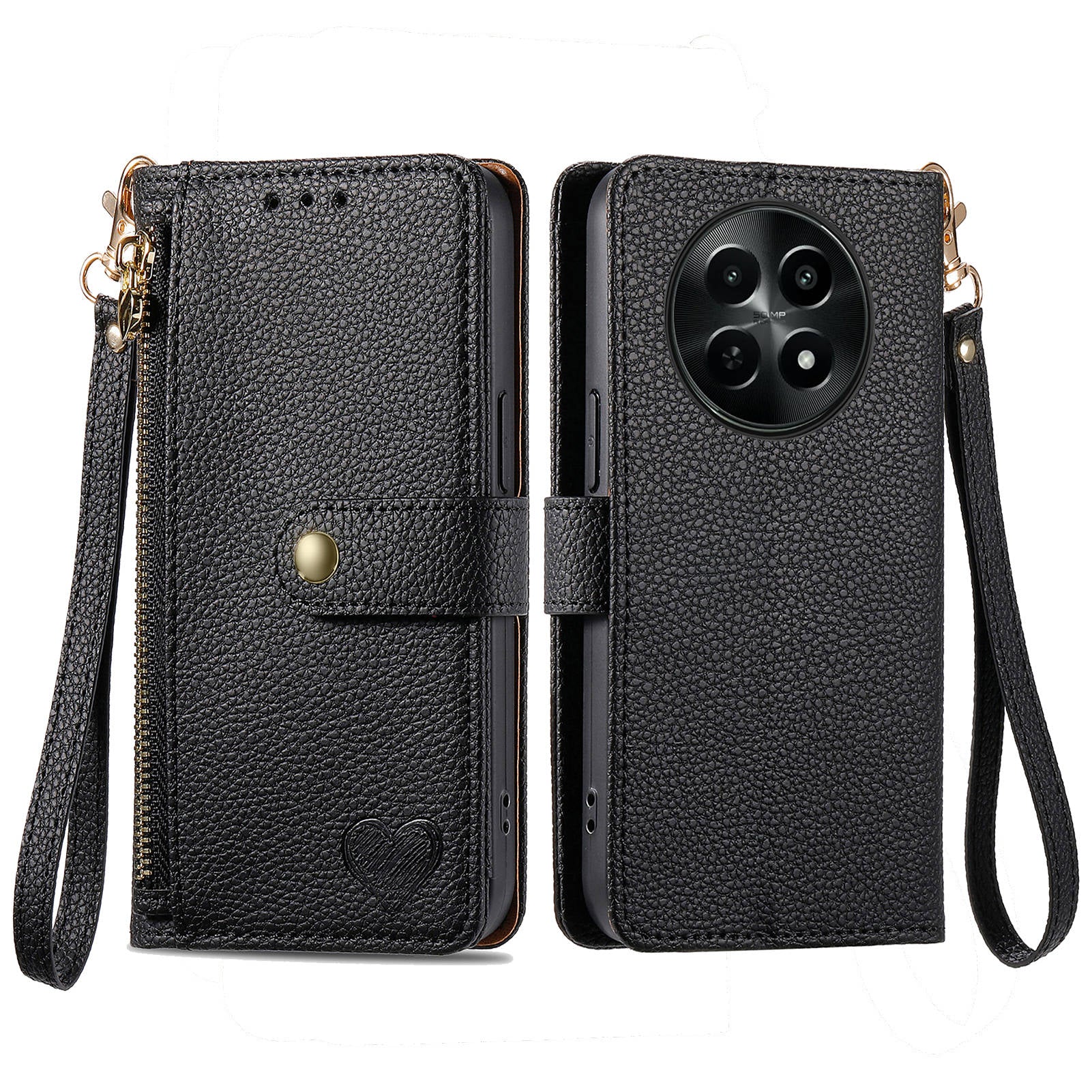 For Realme 12 Zipper Wallet Case RFID Blocking Leather Phone Cover with Wrist Strap