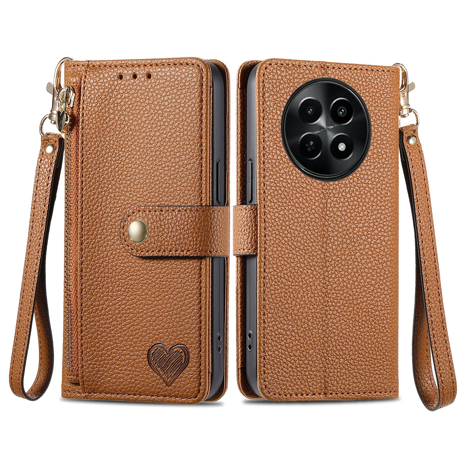 For Realme 12 Zipper Wallet Case RFID Blocking Leather Phone Cover with Wrist Strap