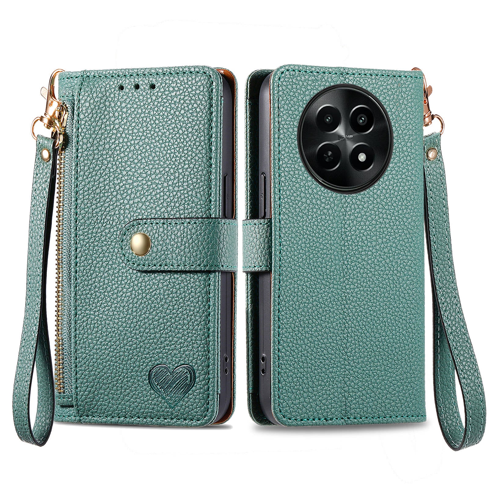 For Realme 12 Zipper Wallet Case RFID Blocking Leather Phone Cover with Wrist Strap