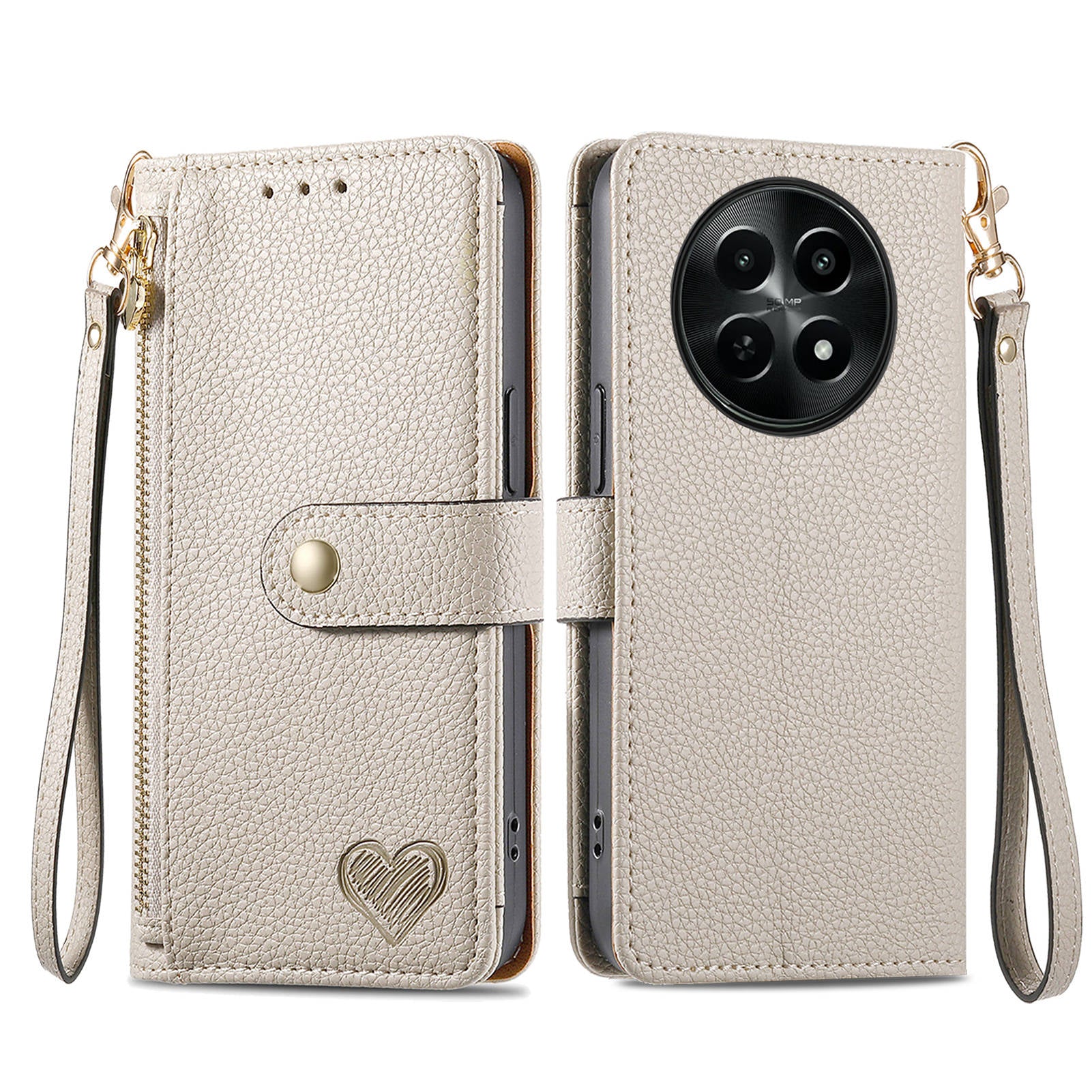 For Realme 12 Zipper Wallet Case RFID Blocking Leather Phone Cover with Wrist Strap