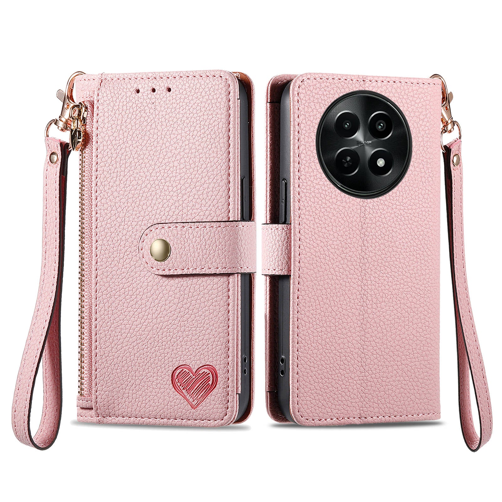 For Realme 12 Zipper Wallet Case RFID Blocking Leather Phone Cover with Wrist Strap