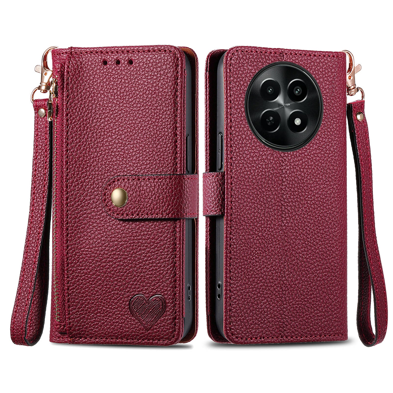 For Realme 12 Zipper Wallet Case RFID Blocking Leather Phone Cover with Wrist Strap
