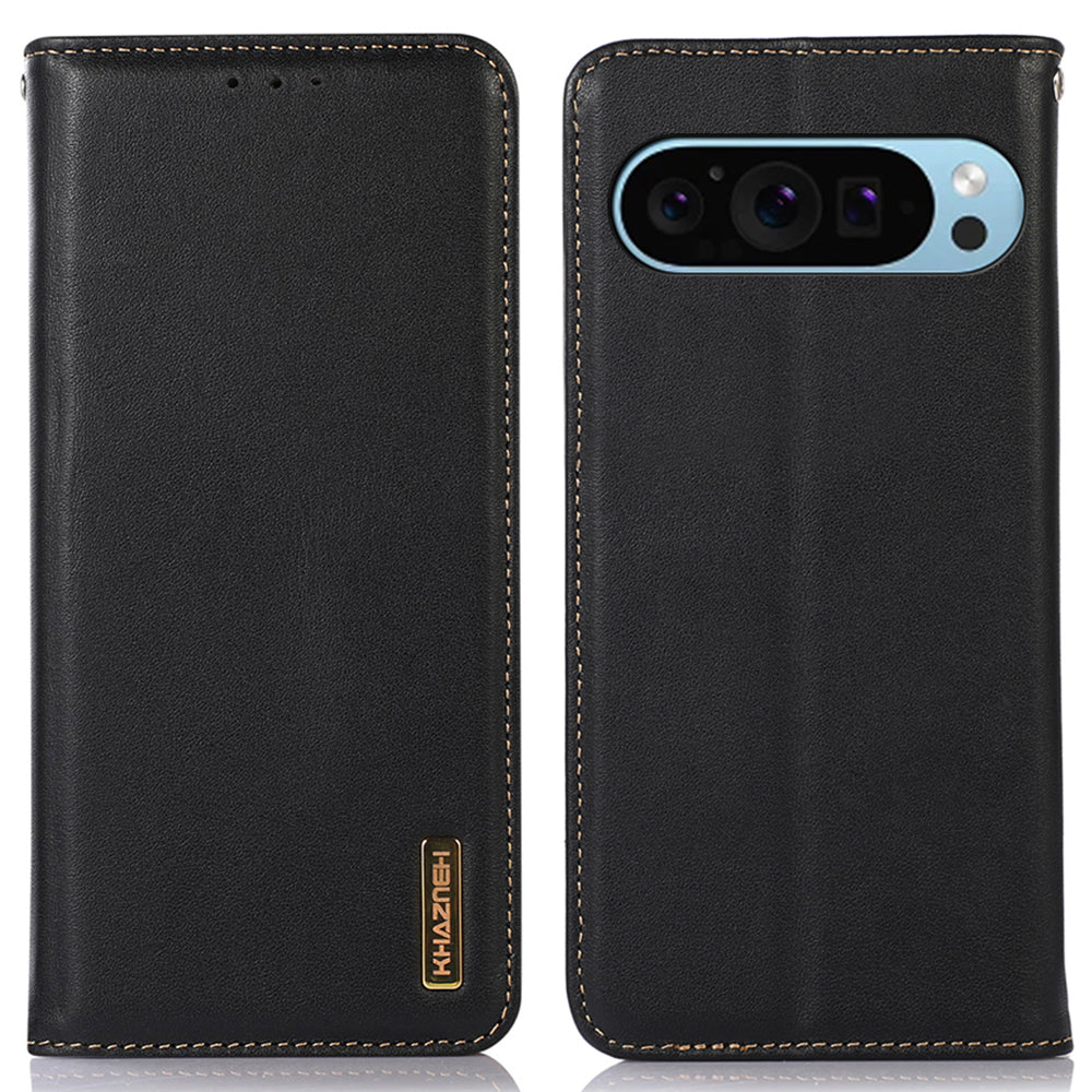 KHAZNEH For Google Pixel 9 Case Genuine Cow Leather RFID Blocking Wallet Flip Folio Phone Cover