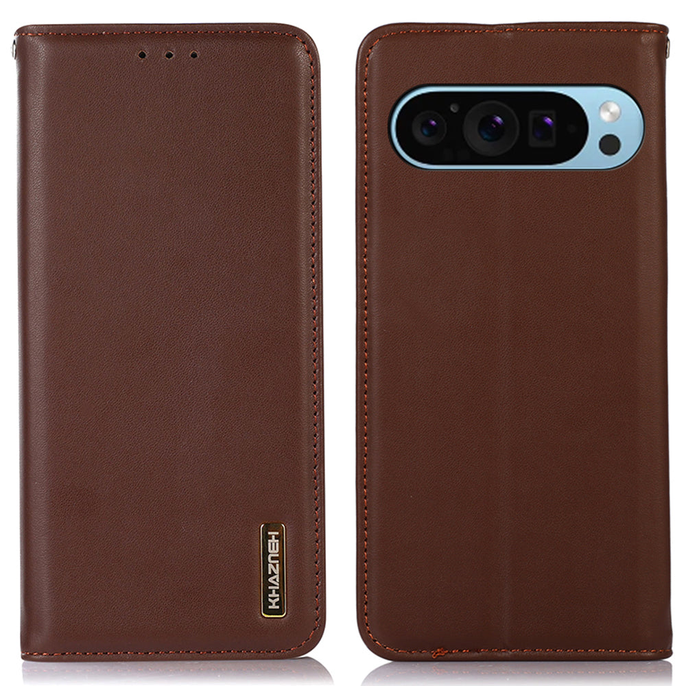 KHAZNEH For Google Pixel 9 Case Genuine Cow Leather RFID Blocking Wallet Flip Folio Phone Cover