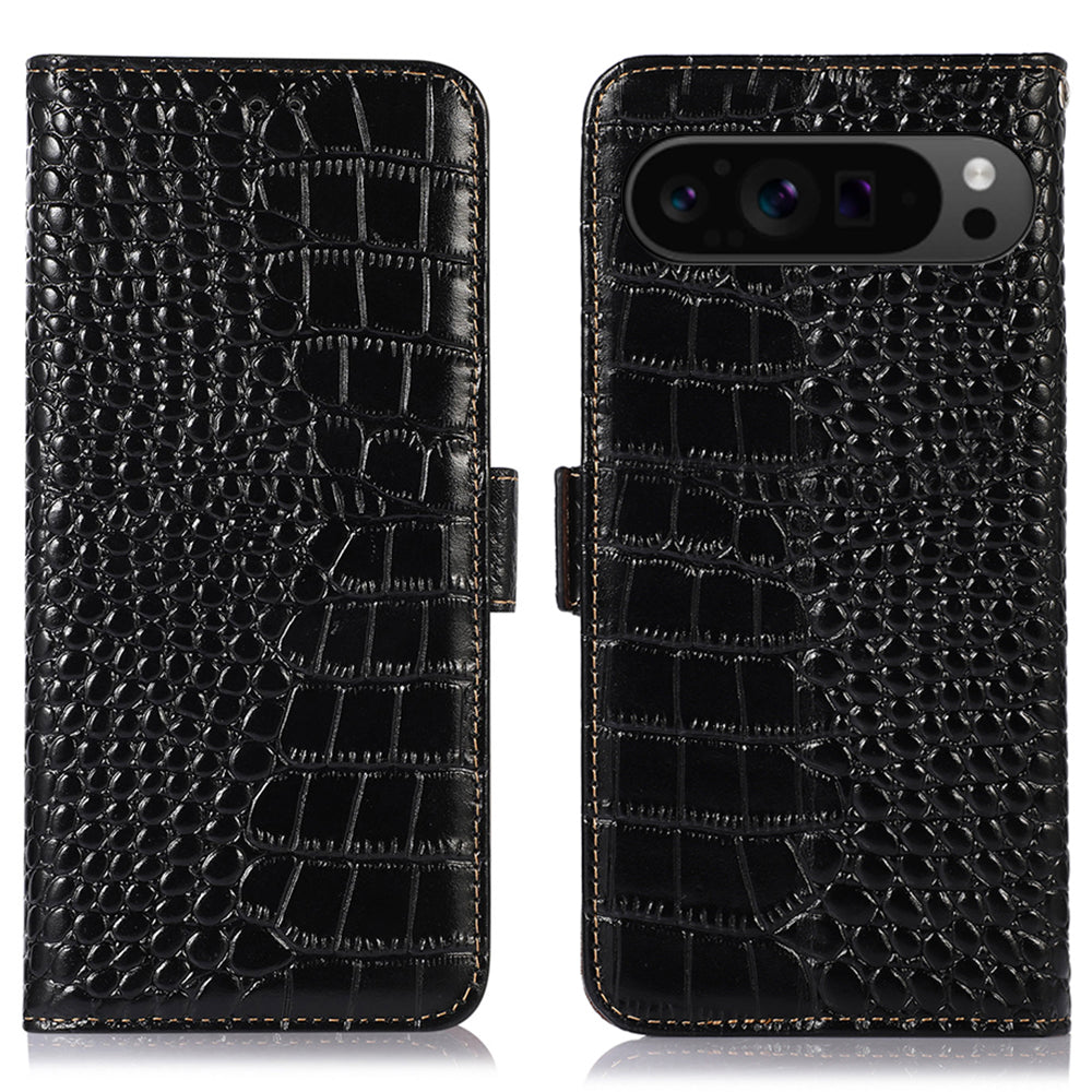 For Google Pixel 9 Pro Wallet Case Genuine Cow Leather Crocodile Texture Cell Phone Cover