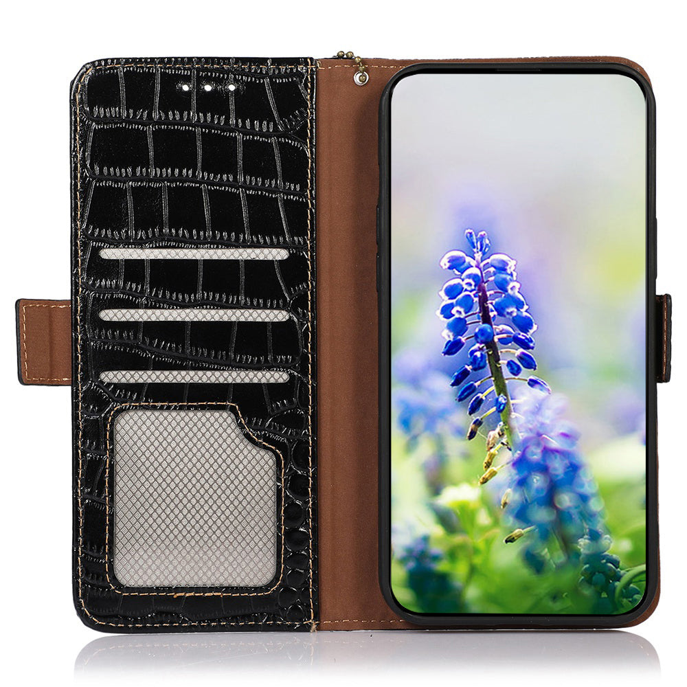 For Google Pixel 9 Pro Wallet Case Genuine Cow Leather Crocodile Texture Cell Phone Cover