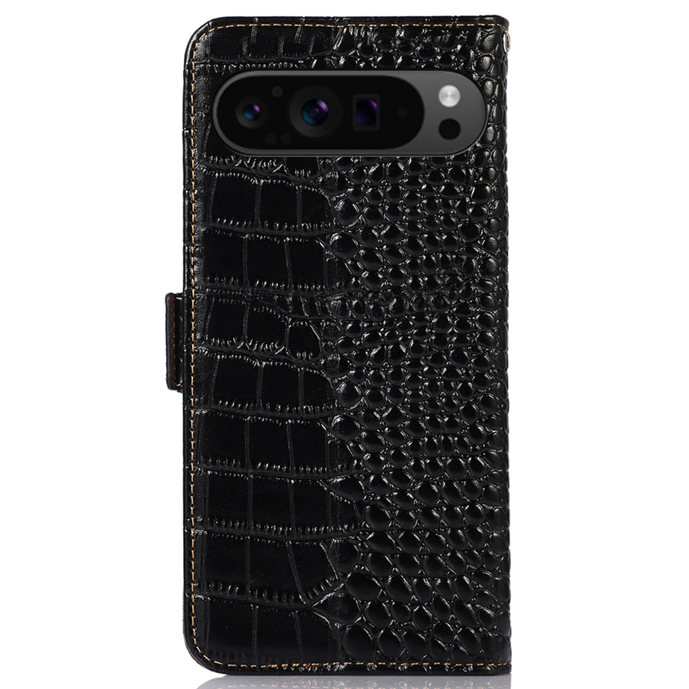 For Google Pixel 9 Pro Wallet Case Genuine Cow Leather Crocodile Texture Cell Phone Cover