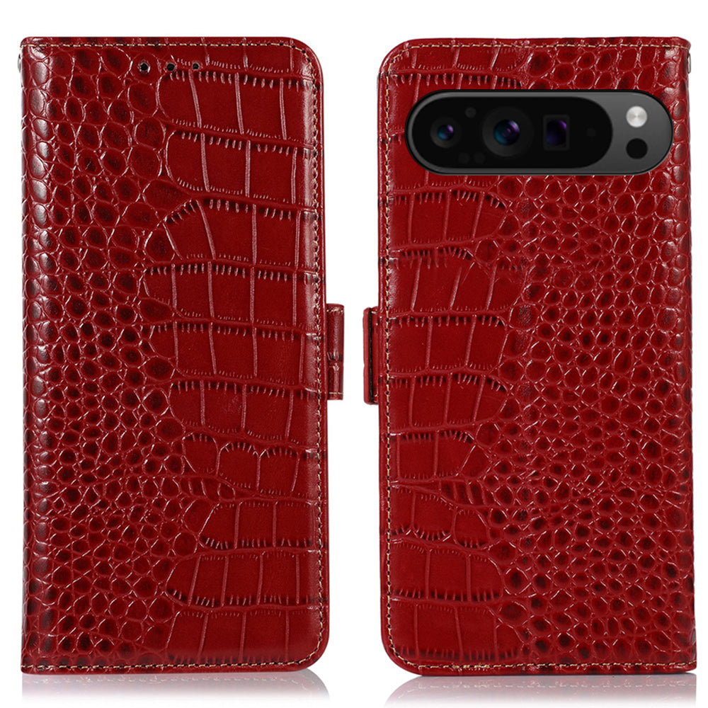 For Google Pixel 9 Pro Wallet Case Genuine Cow Leather Crocodile Texture Cell Phone Cover