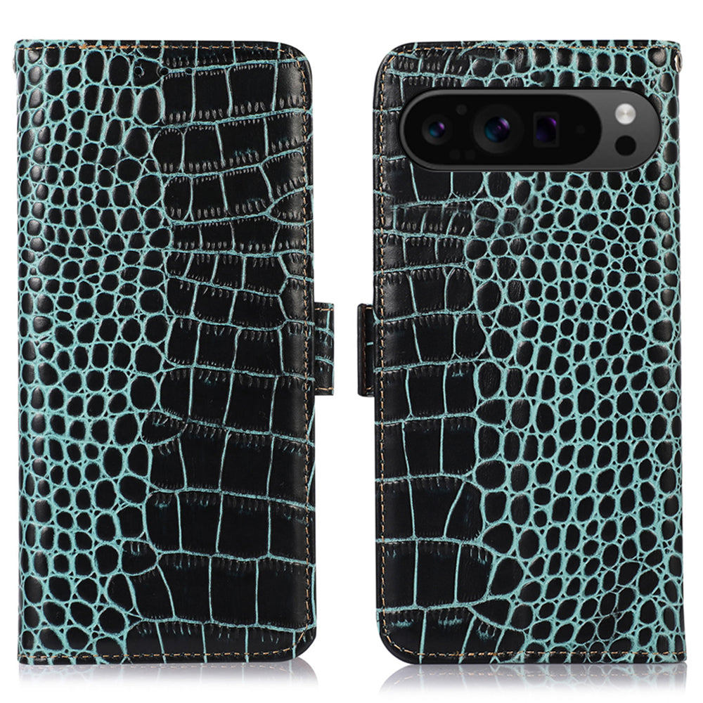 For Google Pixel 9 Pro Wallet Case Genuine Cow Leather Crocodile Texture Cell Phone Cover
