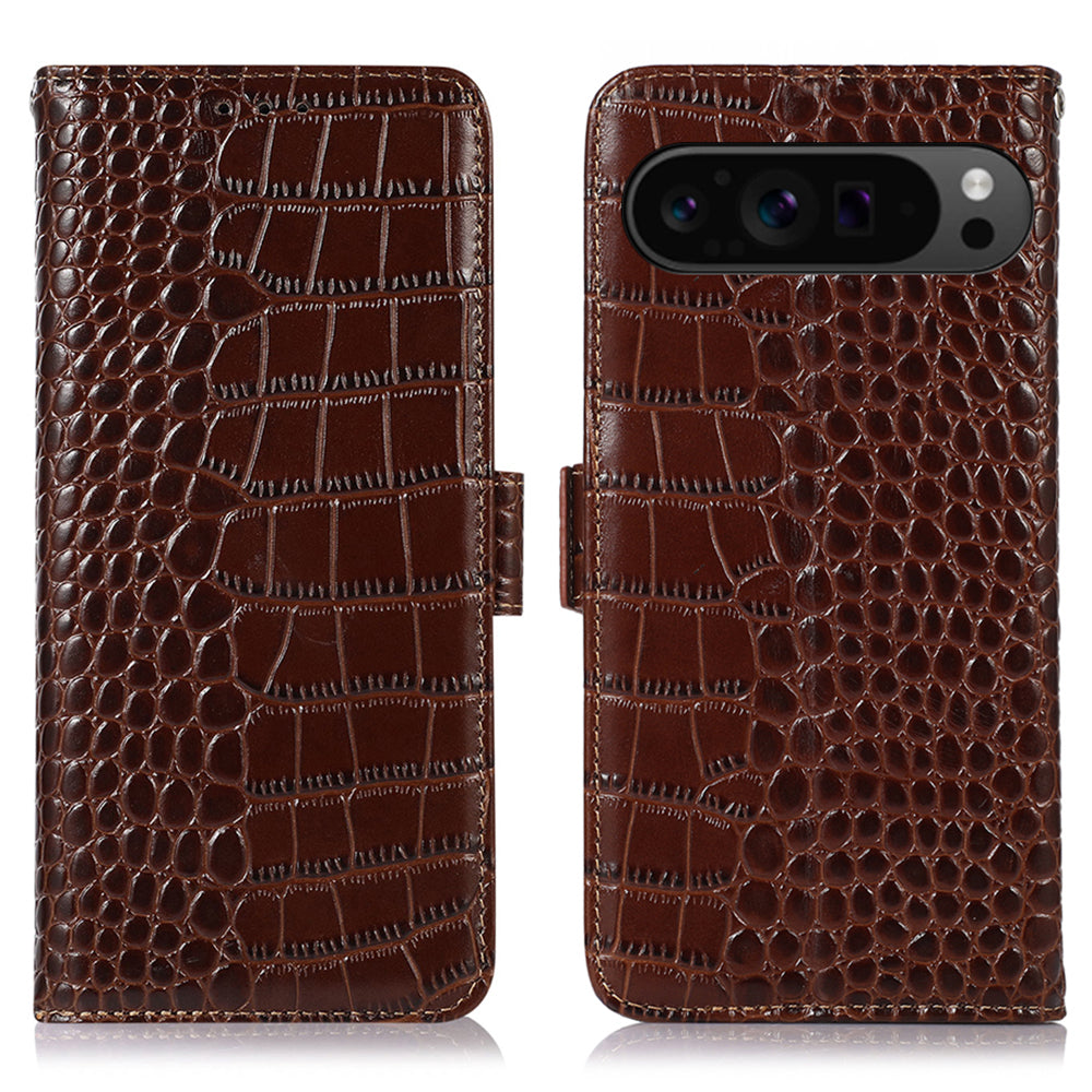 For Google Pixel 9 Pro Wallet Case Genuine Cow Leather Crocodile Texture Cell Phone Cover
