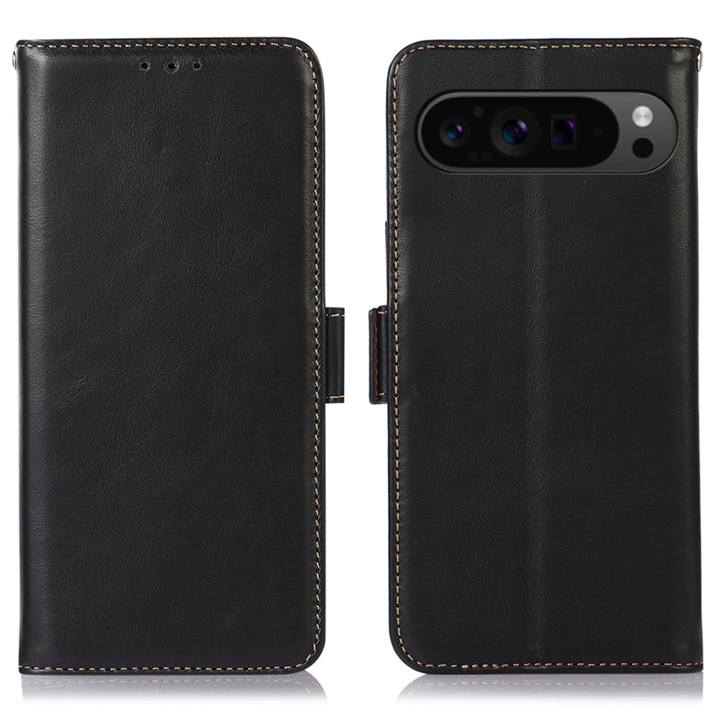 For Google Pixel 9 Pro Case Genuine Cow Leather Crazy Horse Texture Phone Cover with RFID Blocking