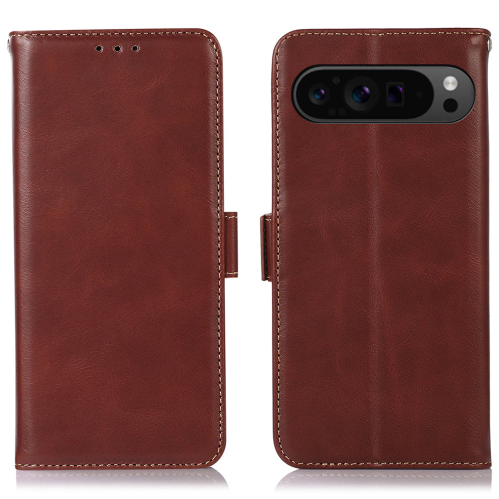 For Google Pixel 9 Pro Case Genuine Cow Leather Crazy Horse Texture Phone Cover with RFID Blocking