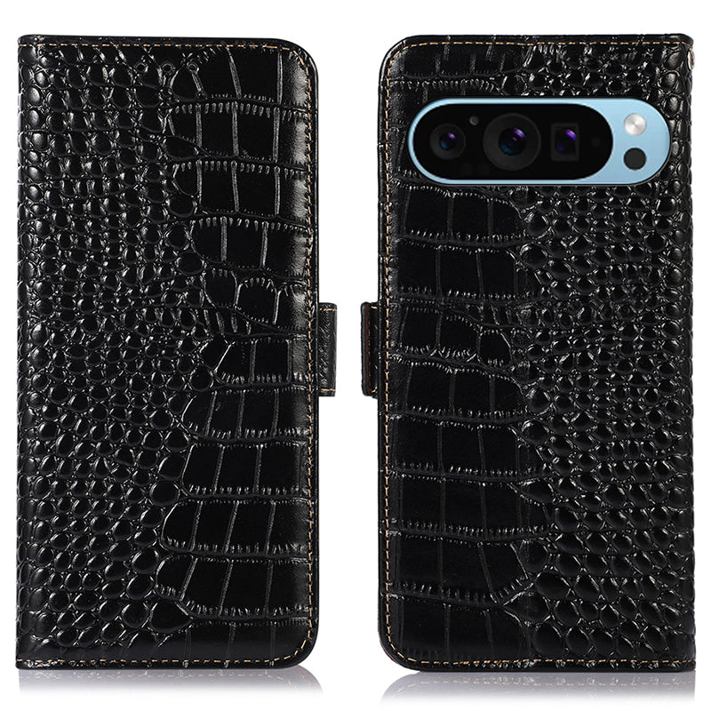 For Google Pixel 9 Magnetic Case Crocodile Texture RFID Blocking Wallet Phone Cover