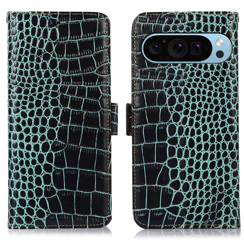 For Google Pixel 9 Magnetic Case Crocodile Texture RFID Blocking Wallet Phone Cover