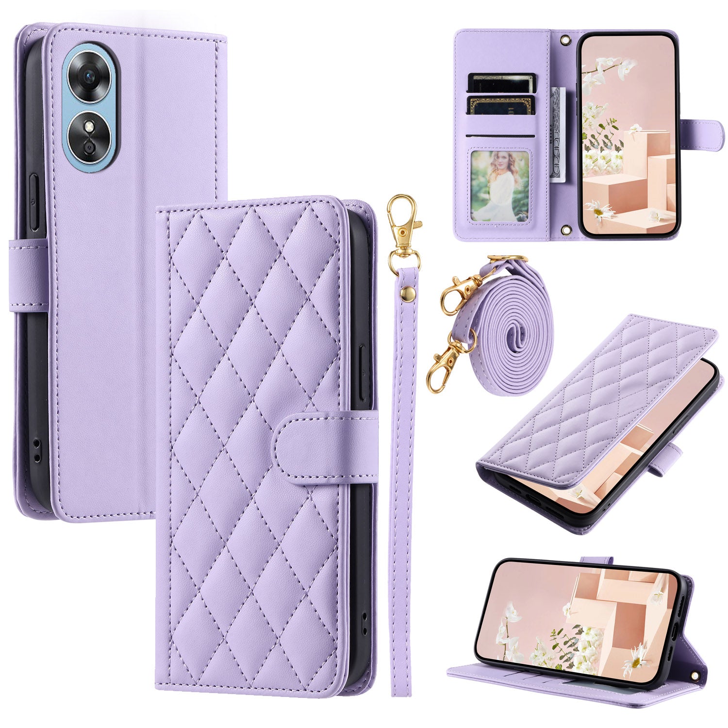 For Oppo A78 4G Case PU Stand View Leather Flip Phone Cover with Shoulder Strap