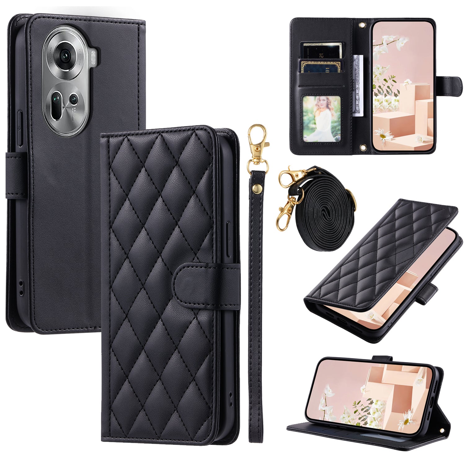 For Oppo Reno11 Pro 5G (Global) Case Chic Rhombus PU Leather Phone Cover with Shoulder Strap