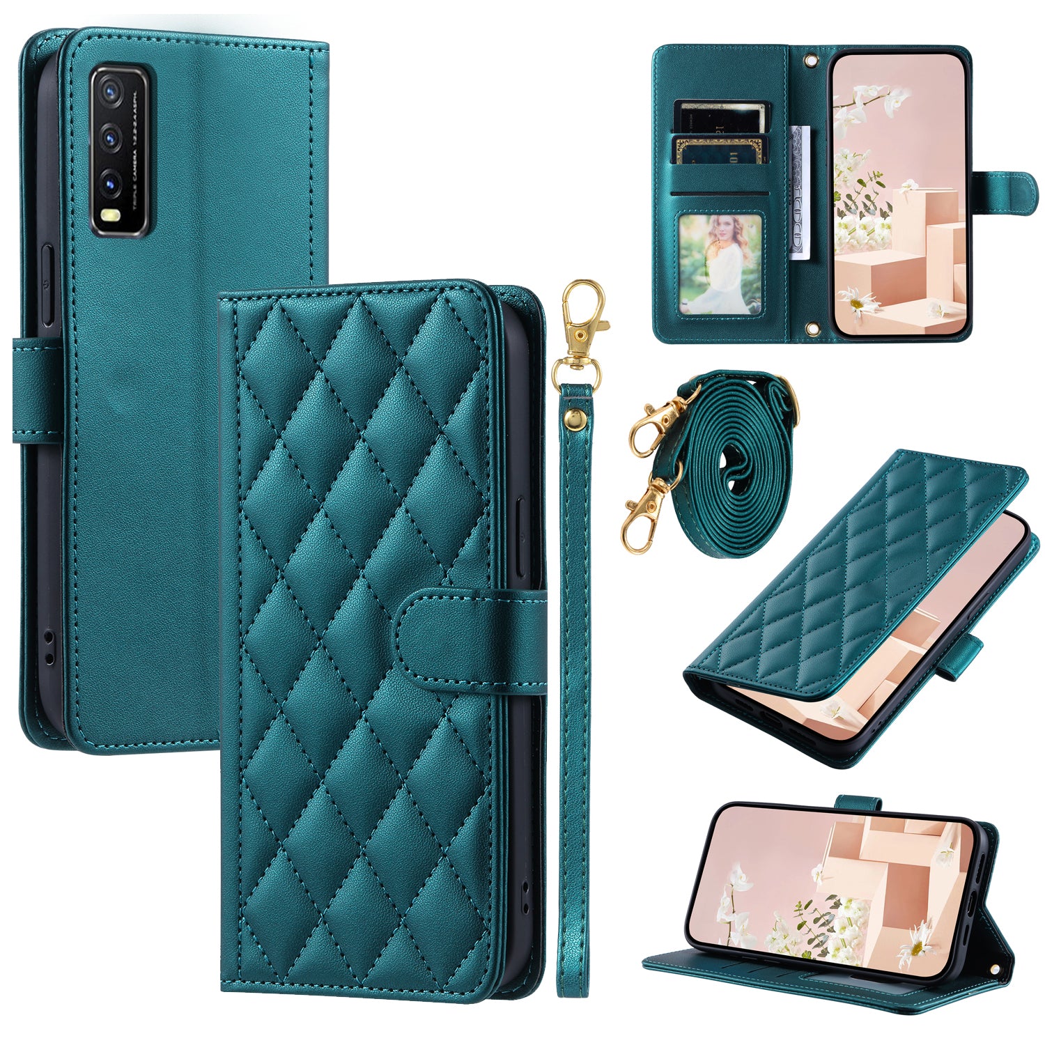 For vivo Y20 / Y20i / Y20s / Y20A / Y20G / Y11s / Y12s / iQOO U1x / Y12a Case Leather Wallet Flip Phone Cover with Shoulder Strap