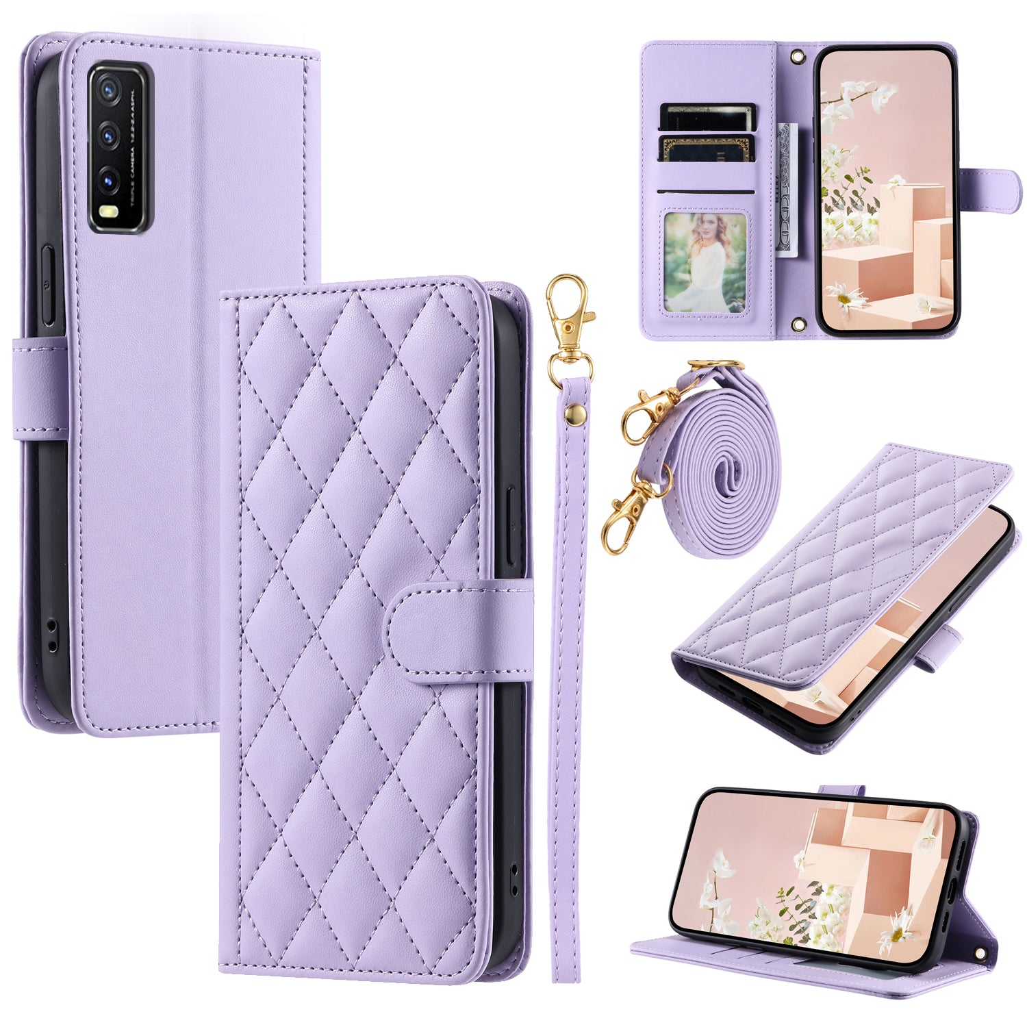 For vivo Y20 / Y20i / Y20s / Y20A / Y20G / Y11s / Y12s / iQOO U1x / Y12a Case Leather Wallet Flip Phone Cover with Shoulder Strap