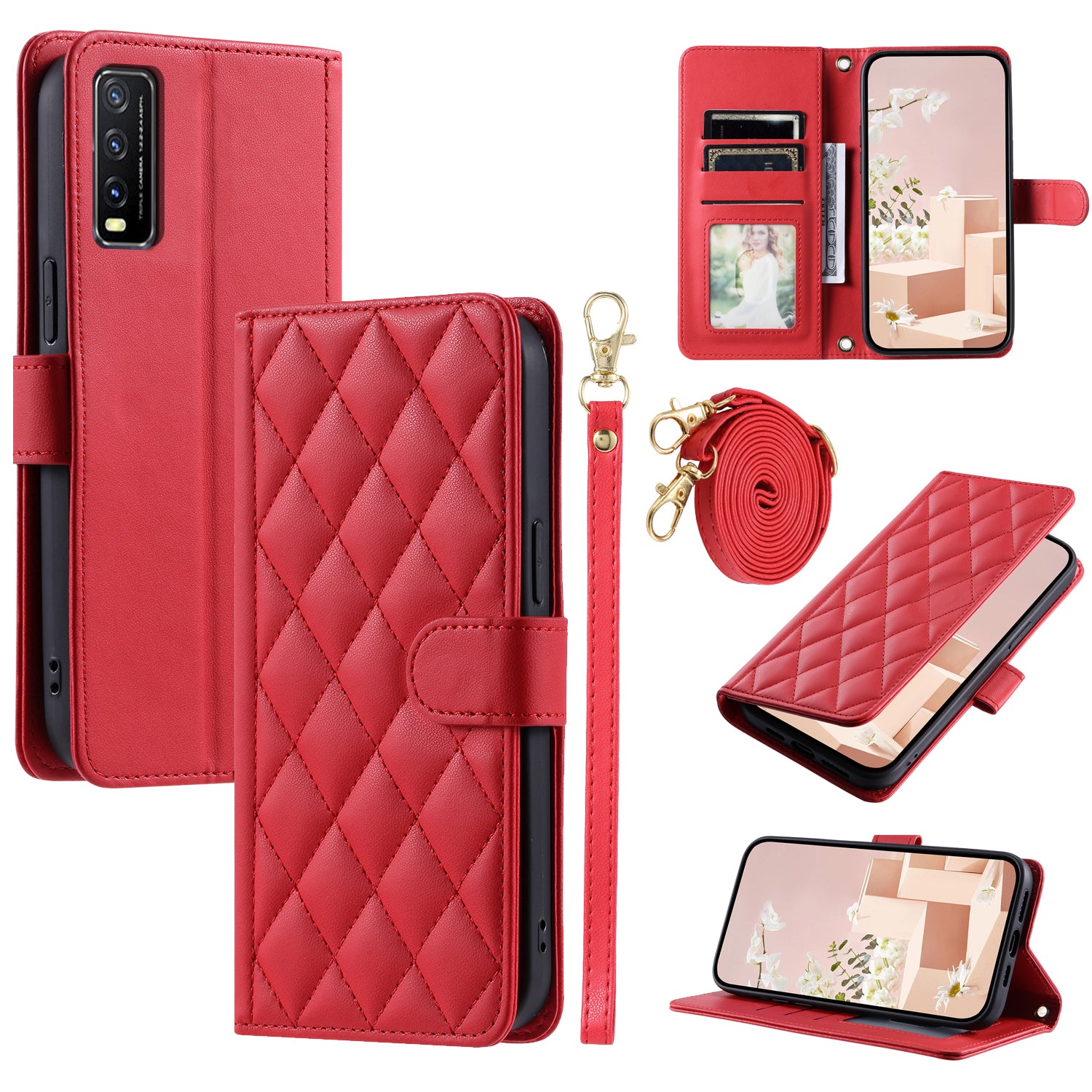 For vivo Y20 / Y20i / Y20s / Y20A / Y20G / Y11s / Y12s / iQOO U1x / Y12a Case Leather Wallet Flip Phone Cover with Shoulder Strap