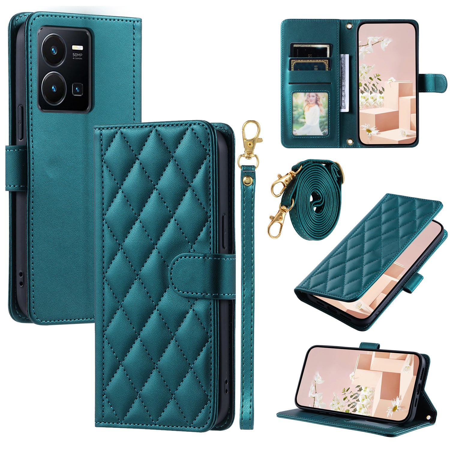 For vivo Y35 4G (2022) / Y22s 4G / Y22 4G / Y77 5G / Y77e 5G Case Wallet Rhombus Leather Phone Cover