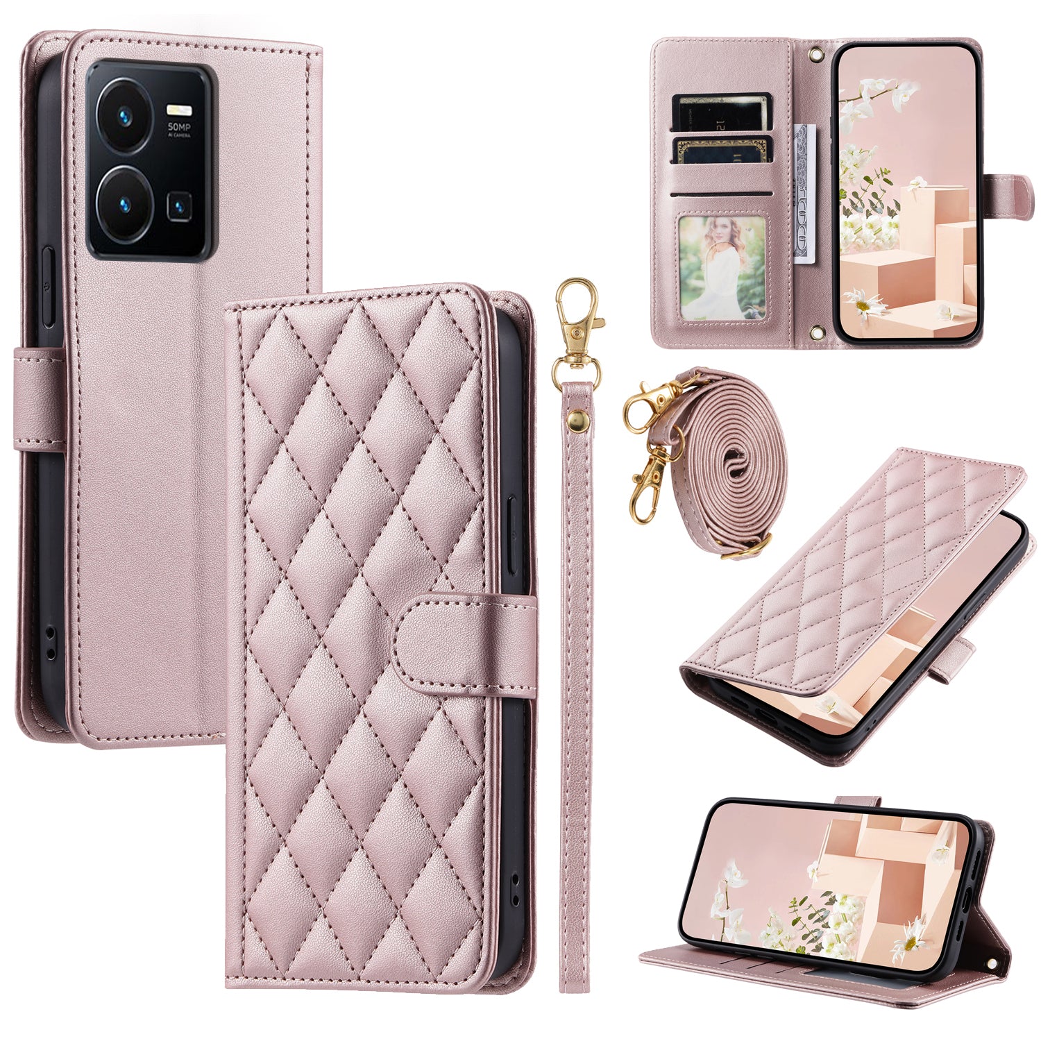 For vivo Y35 4G (2022) / Y22s 4G / Y22 4G / Y77 5G / Y77e 5G Case Wallet Rhombus Leather Phone Cover