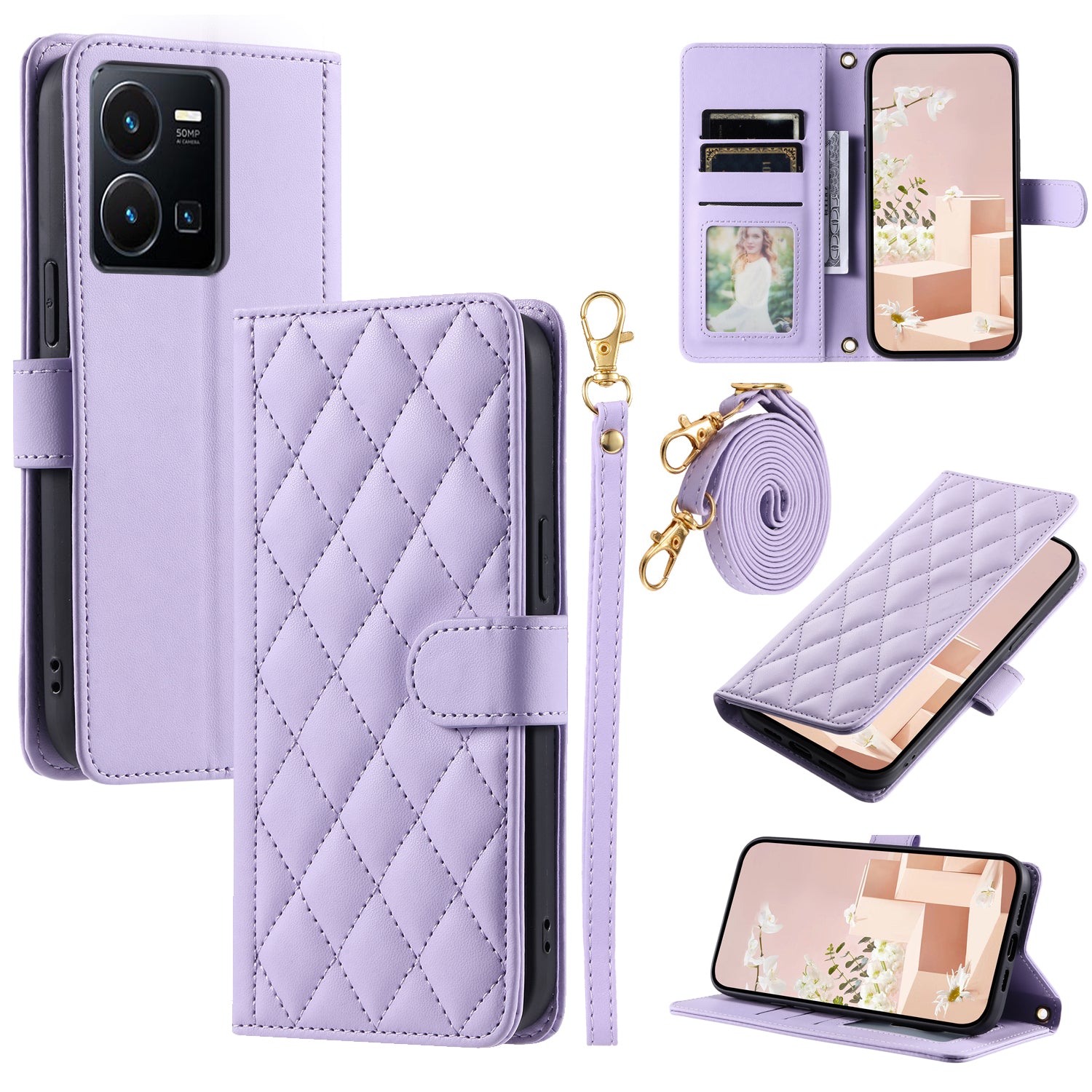 For vivo Y35 4G (2022) / Y22s 4G / Y22 4G / Y77 5G / Y77e 5G Case Wallet Rhombus Leather Phone Cover