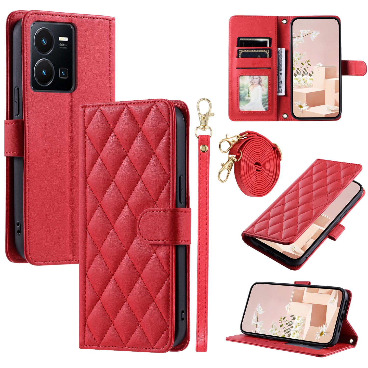 For vivo Y35 4G (2022) / Y22s 4G / Y22 4G / Y77 5G / Y77e 5G Case Wallet Rhombus Leather Phone Cover