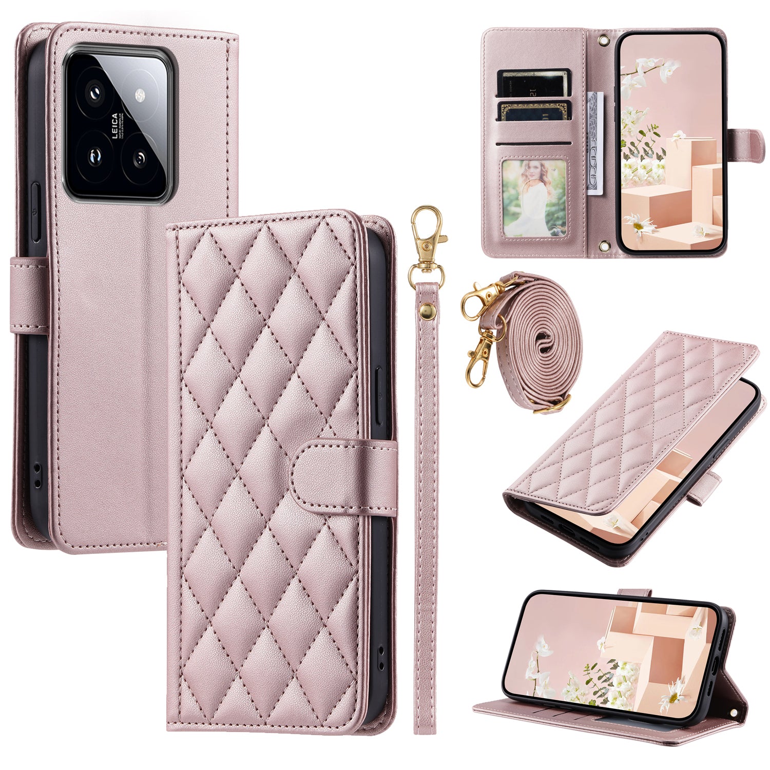 For Xiaomi 14 Pro Case Rhombus Grid Stand Phone Cover with Crossbody Lanyard