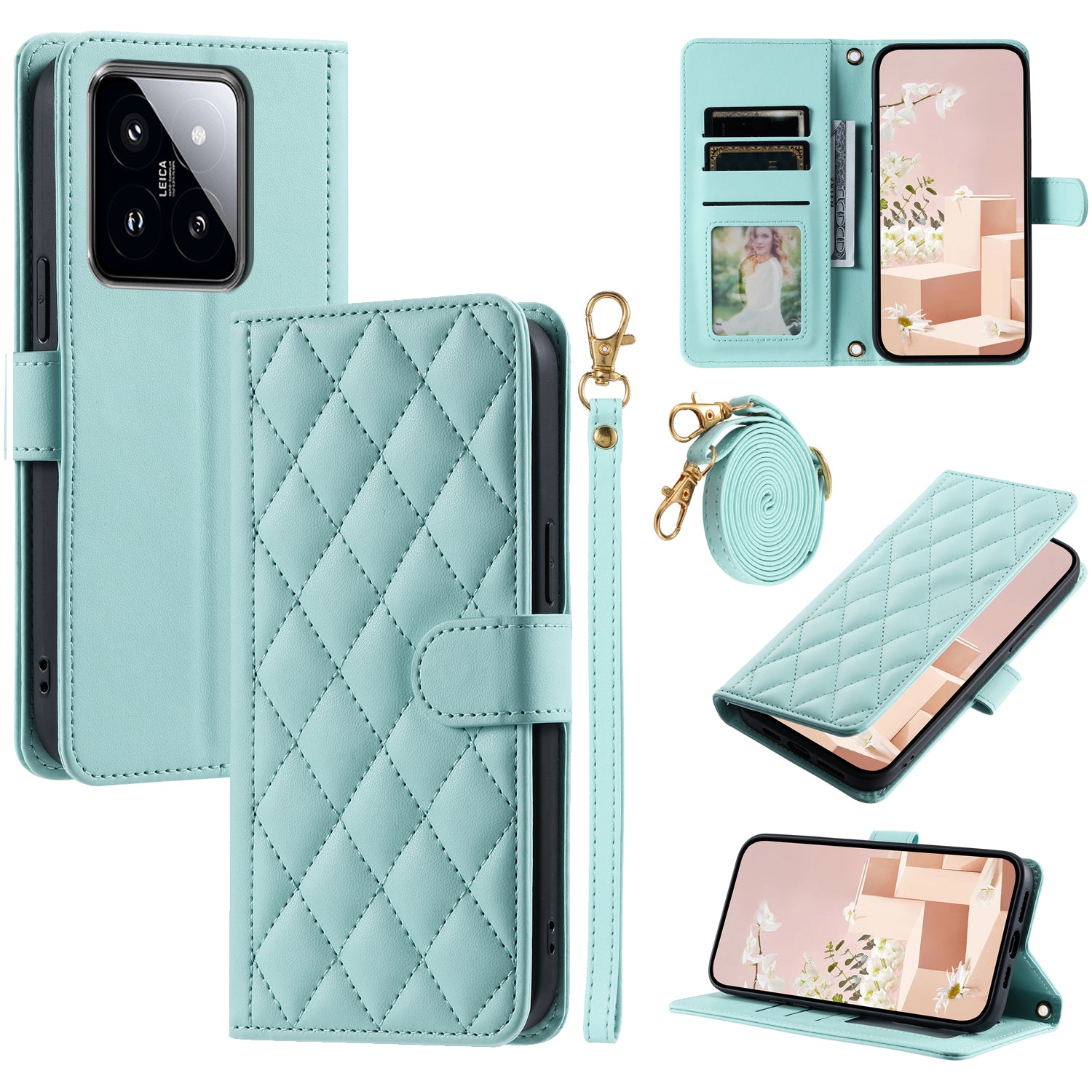 For Xiaomi 14 Pro Case Rhombus Grid Stand Phone Cover with Crossbody Lanyard